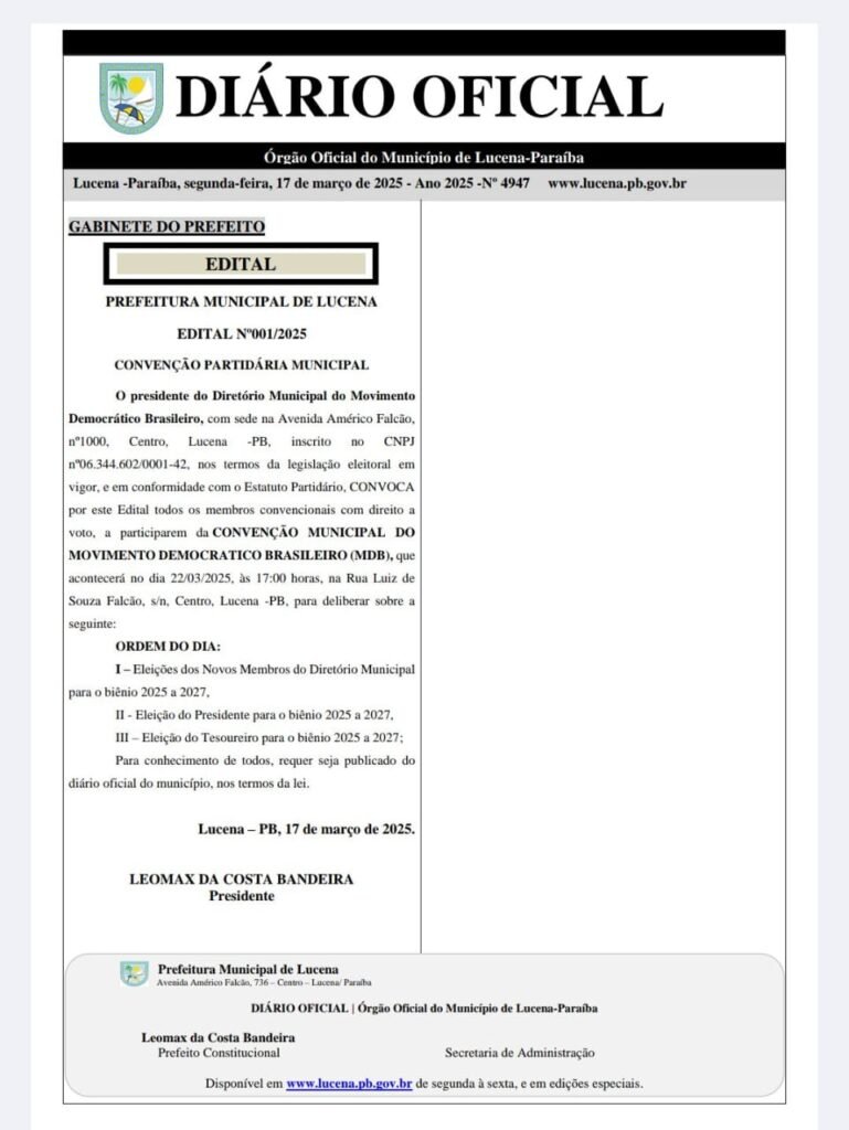 Mdb De Lucena Elege Nova Diretoria Na Próxima Sexta Feira (22), Durante Convenção Municipal